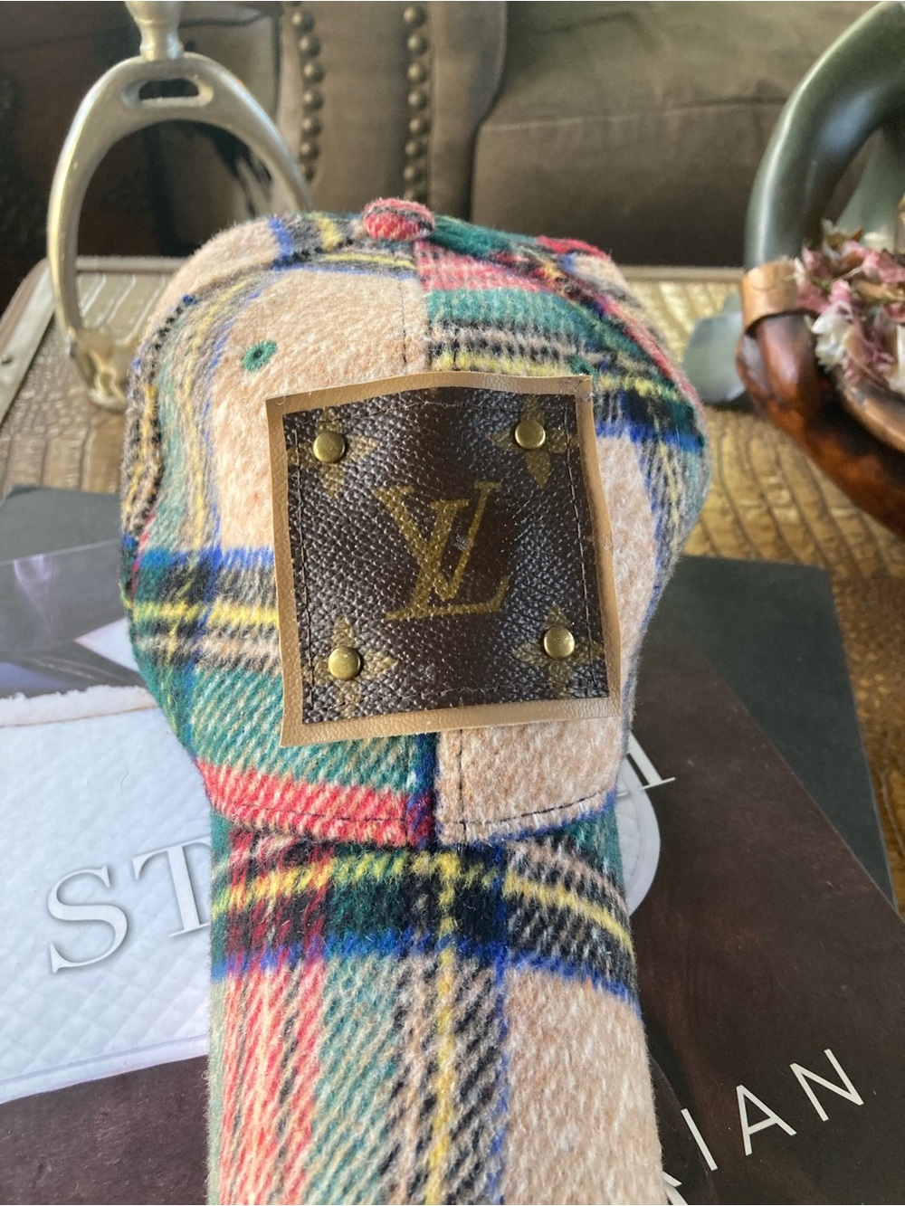 Louis Vuitton Plaid Wool Cap with Patch Logo